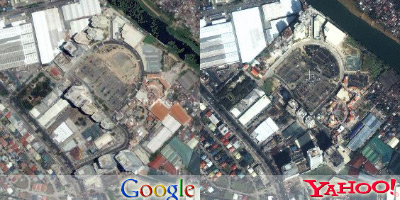 Satellite image comparison between Yahoo! Maps and Google Maps for Eastwood City.